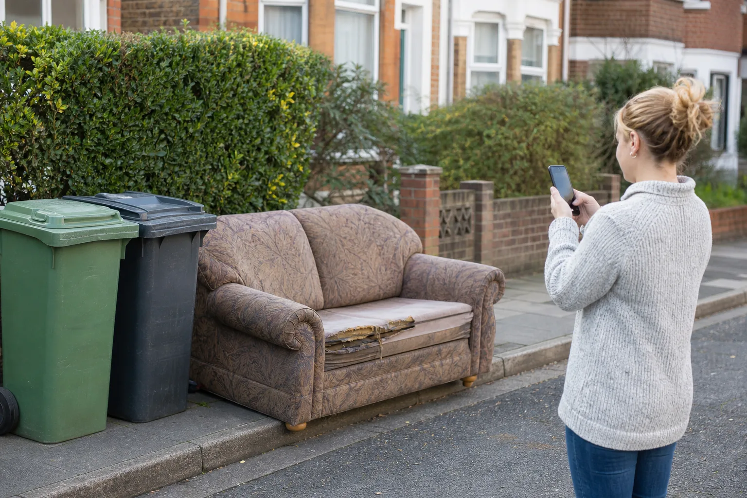 Sofa placed at kerb for council bulky waste collection booking in the UK