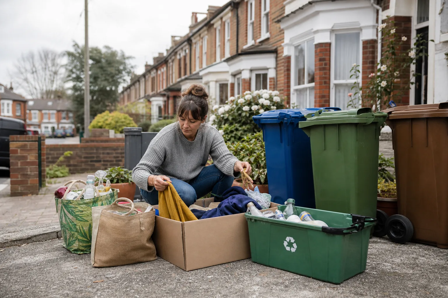 UK household sorting free recycling and charity donations beside wheelie bins