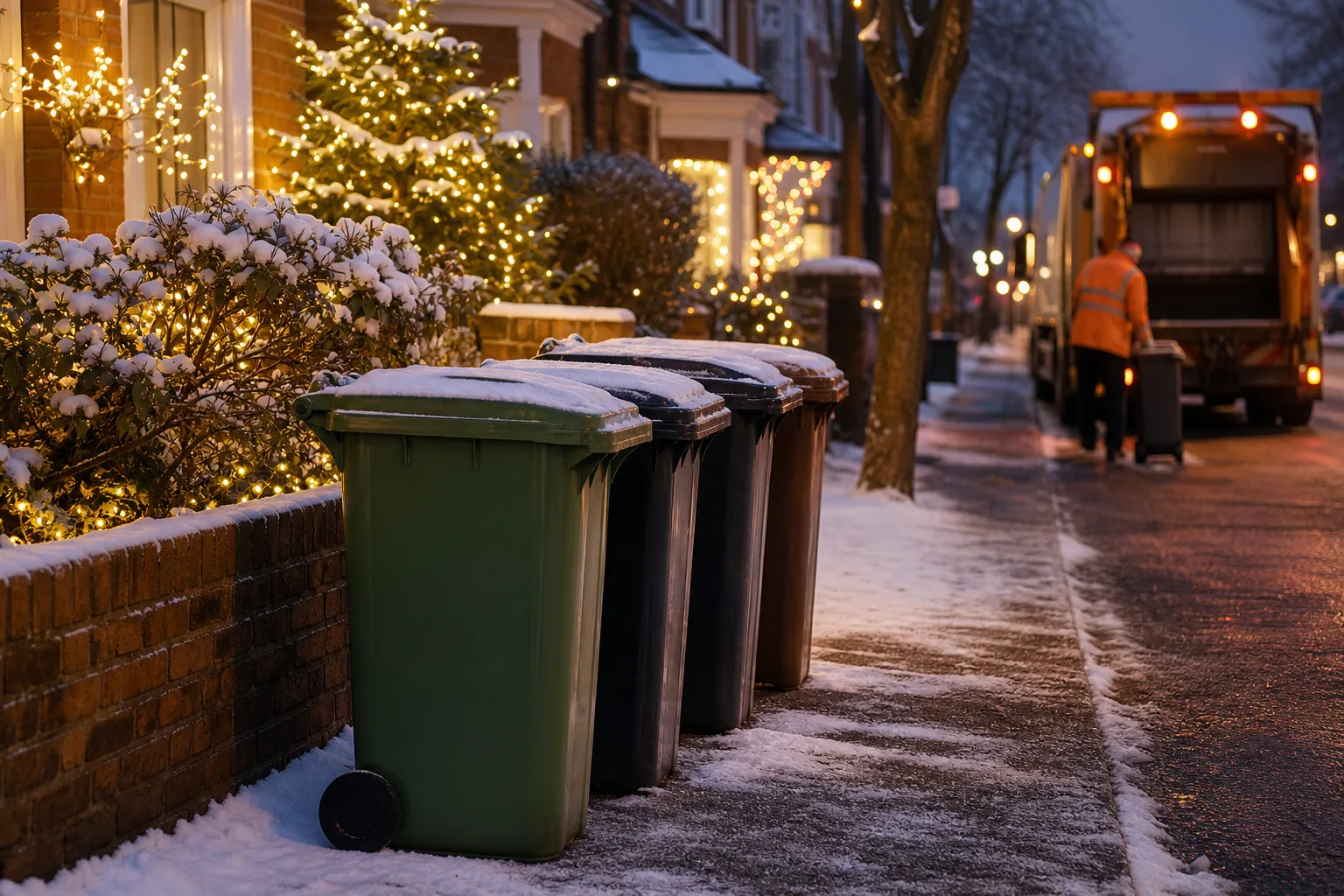 UK wheelie bins with Christmas decorations showing festive collection schedule changes