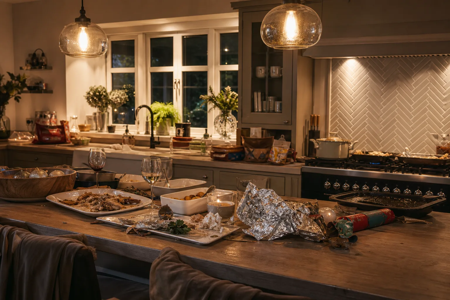 Festive UK kitchen food waste including leftovers and packaging after Christmas dinner