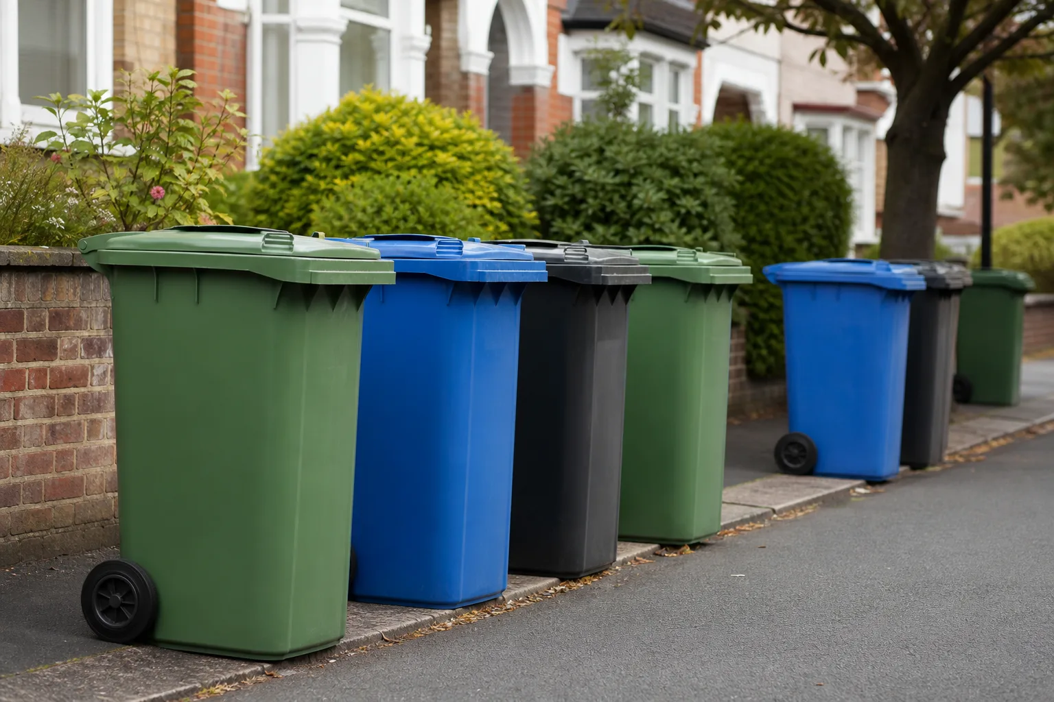 Colour-coded recycling wheelie bins lined up on a UK suburban street