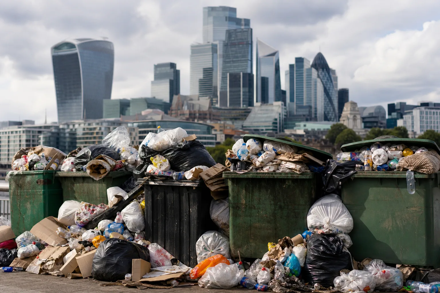 Rising waste volumes concept with overflowing bins and urban UK skyline