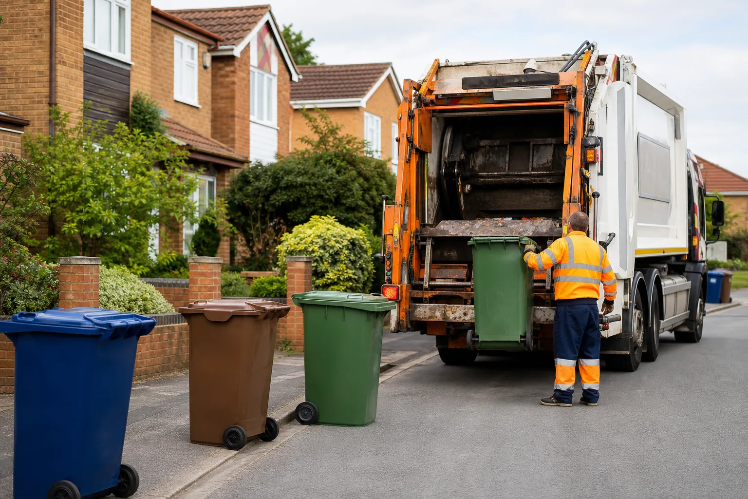UK council refuse collection lorry on a residential street with wheelie bins
