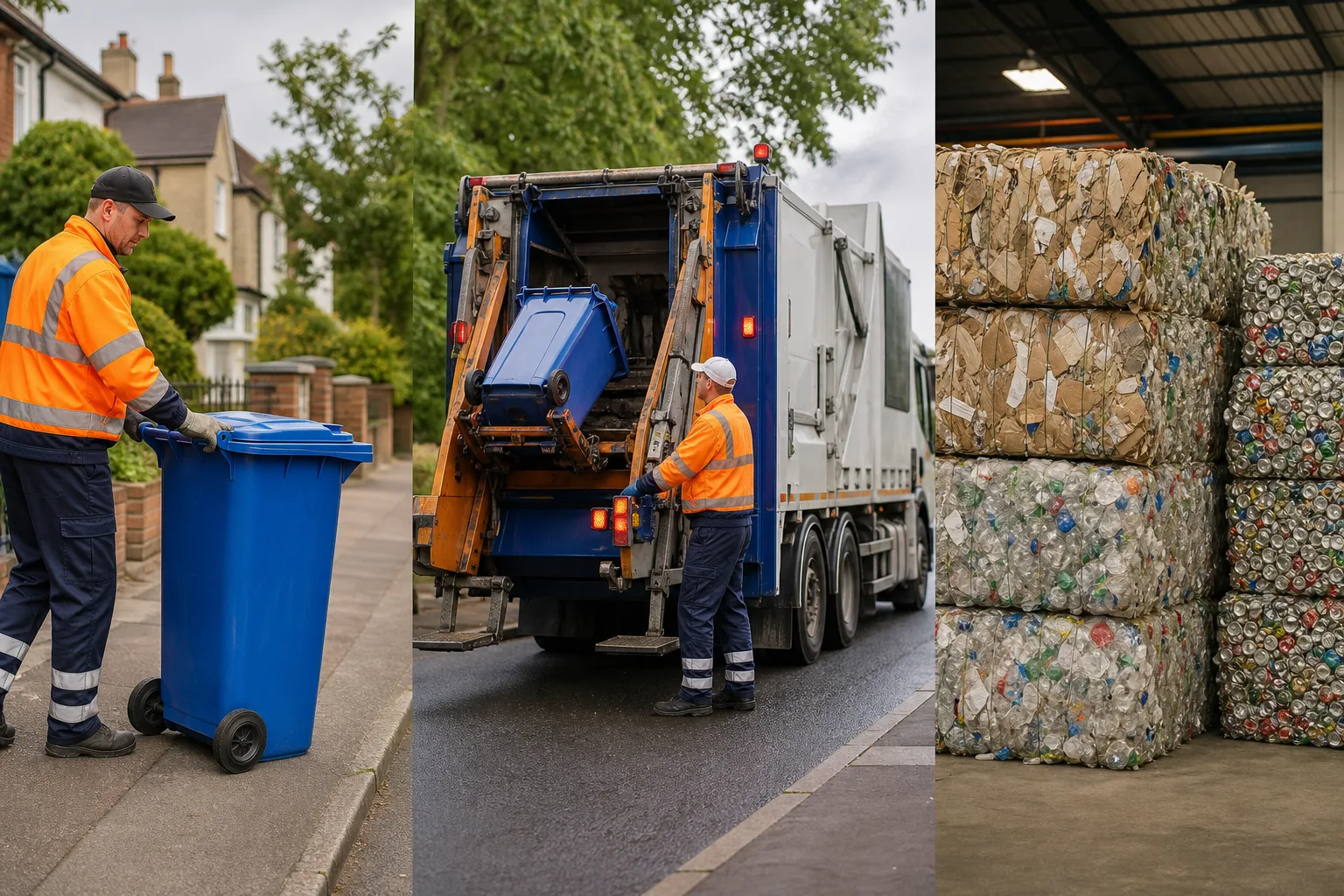 Step-by-step UK recycling process from collection bin to sorted materials bales