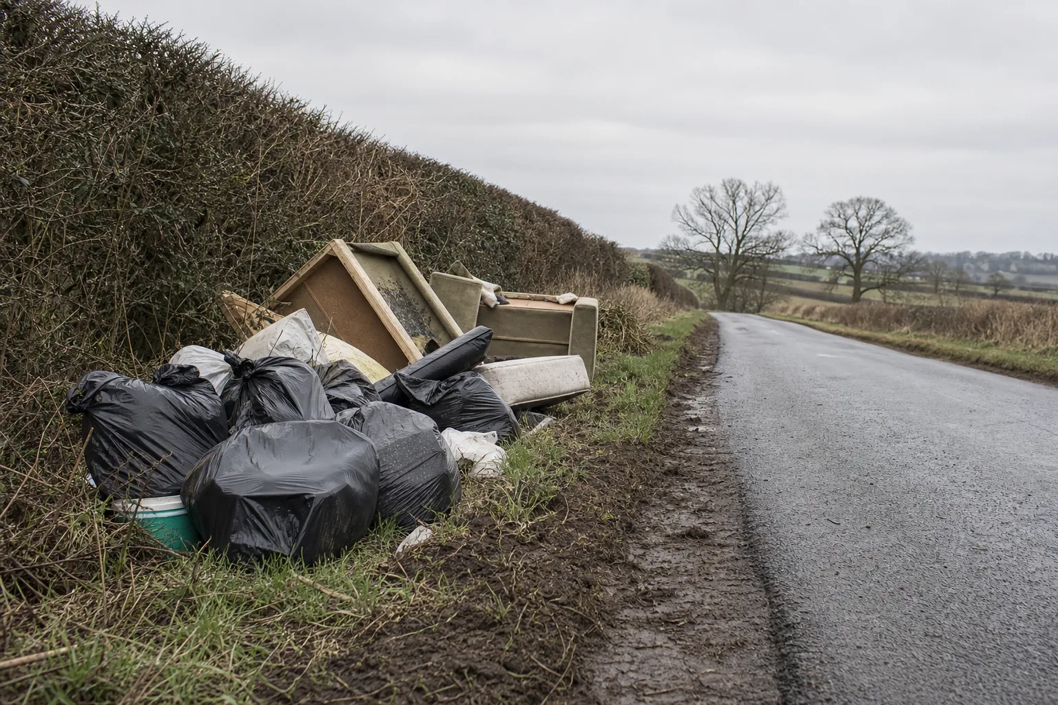 Fly-tipped household waste dumped illegally on a UK roadside verge