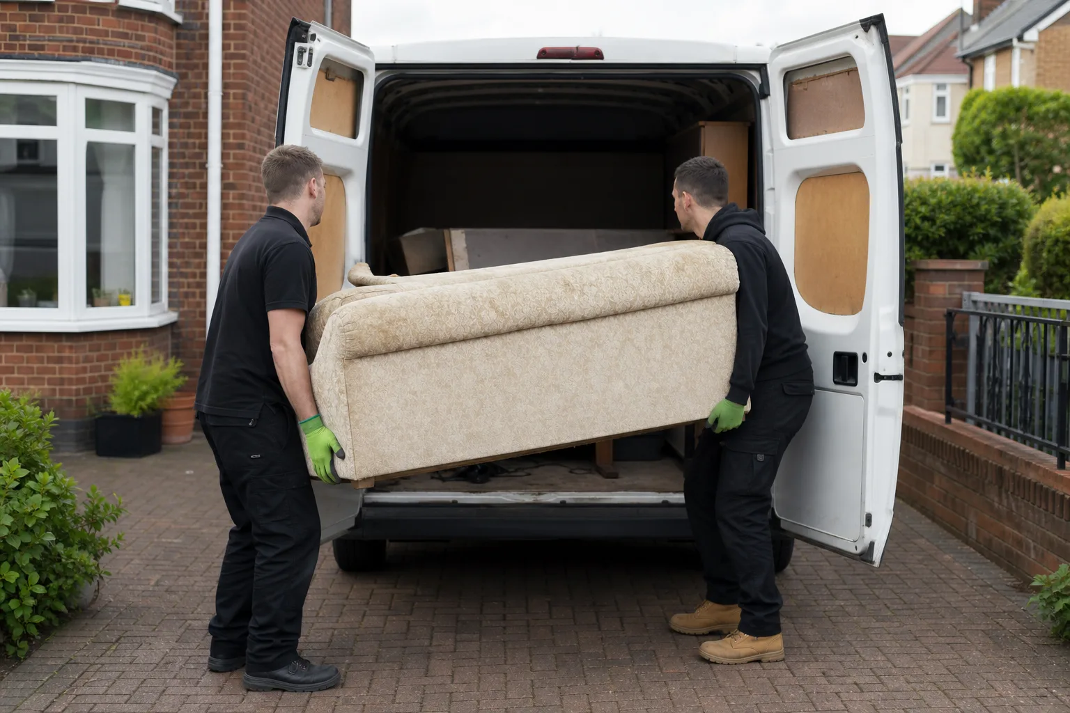 Man and van crew lifting a sofa into a white transit van for rubbish removal