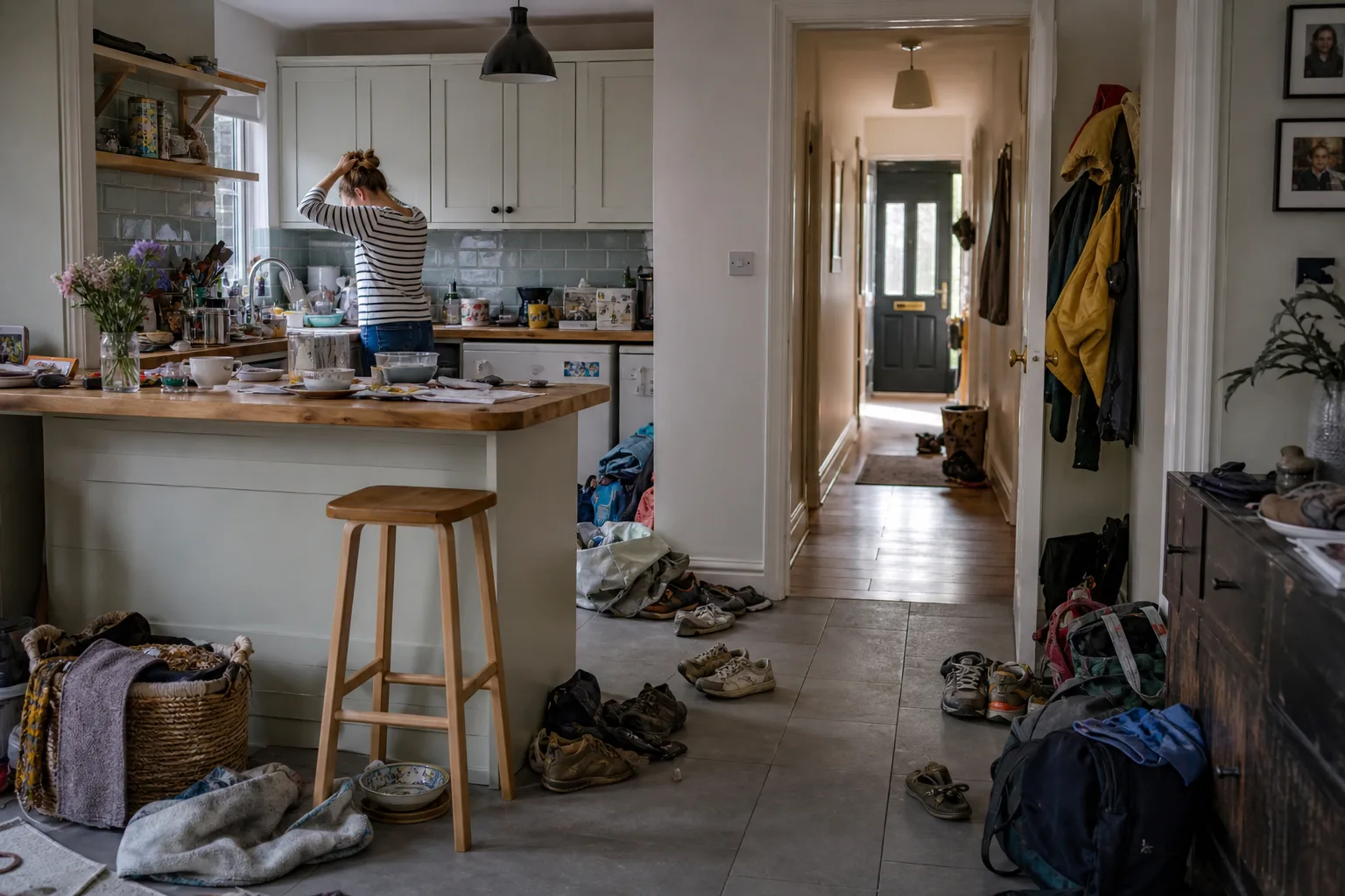 Messy UK home interior with scattered items suggesting stress and overwhelm