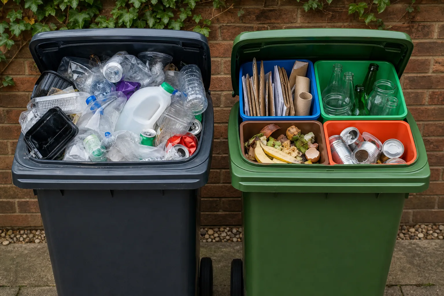 Split view of mixed recycling bin versus separated sorted waste streams