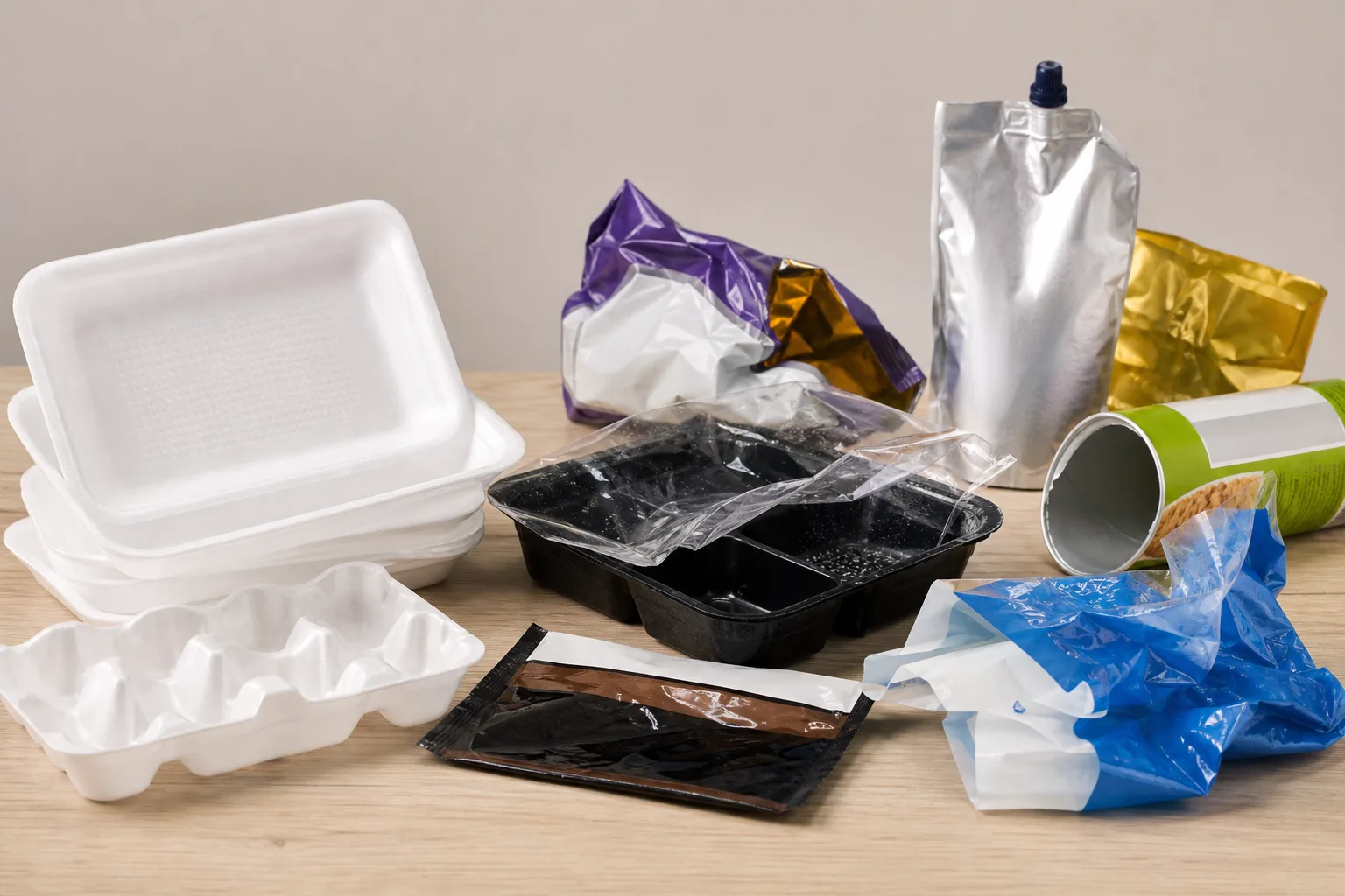 Examples of non-recyclable household packaging sorted on a table