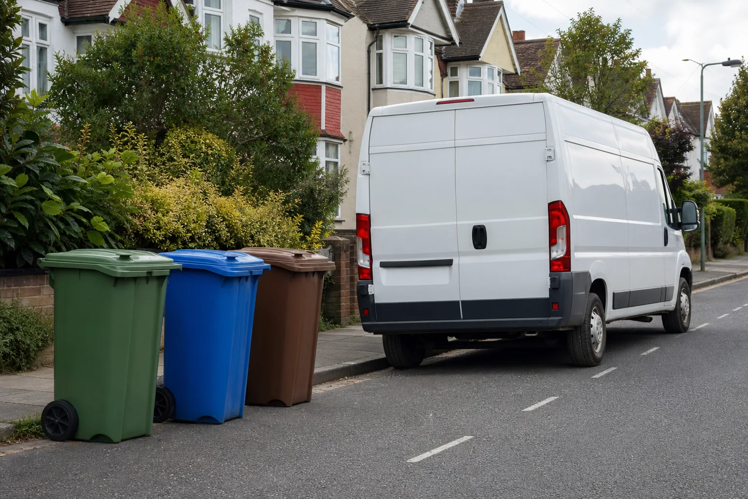 Council wheelie bins beside a private rubbish removal van on a UK residential street