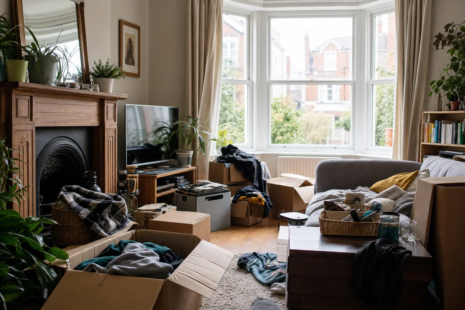 Cluttered UK living room with stacked boxes and unused household items
