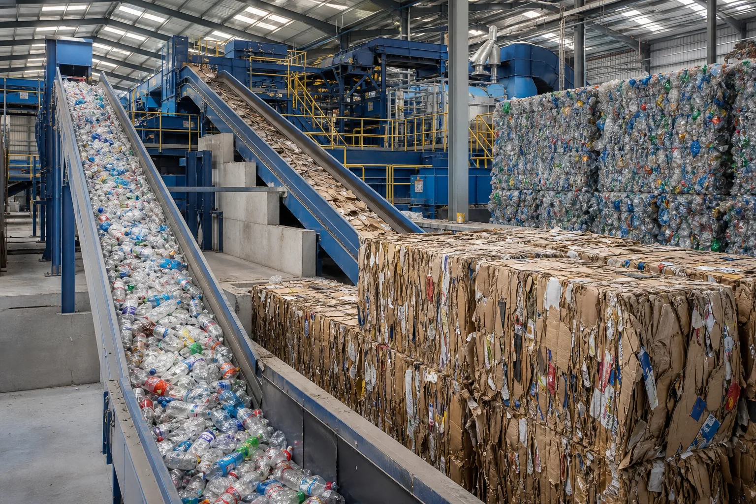 Baled cardboard and plastic sorted at a UK materials recovery facility