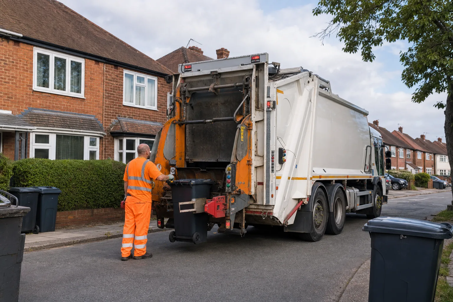 Rubbish removal van on a Birmingham suburban street with wheelie bins