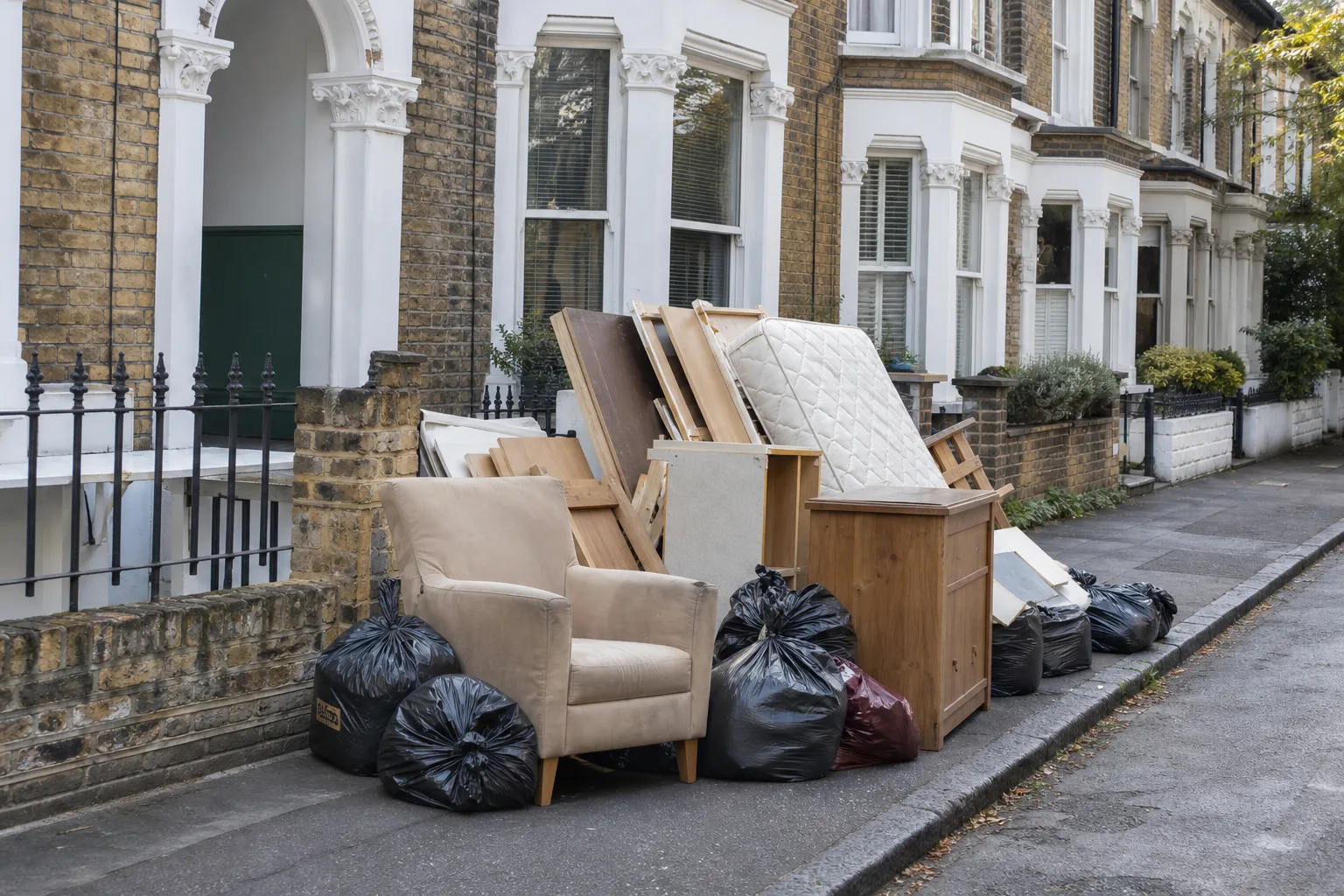Mixed household clearance load outside a Victorian terrace during rubbish removals in London