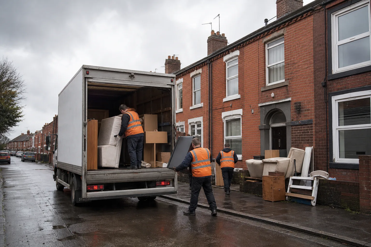Rubbish clearance on a terraced Manchester street with removal van