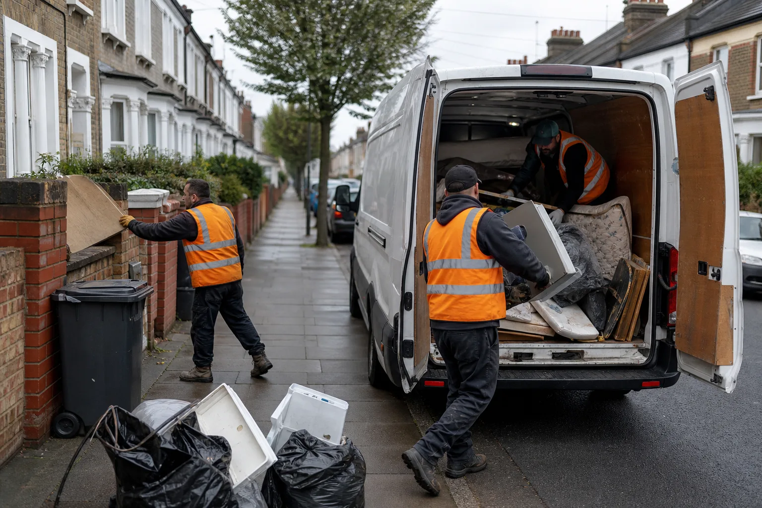 Rubbish removal crew loading a van for same-day collection on a London terraced street