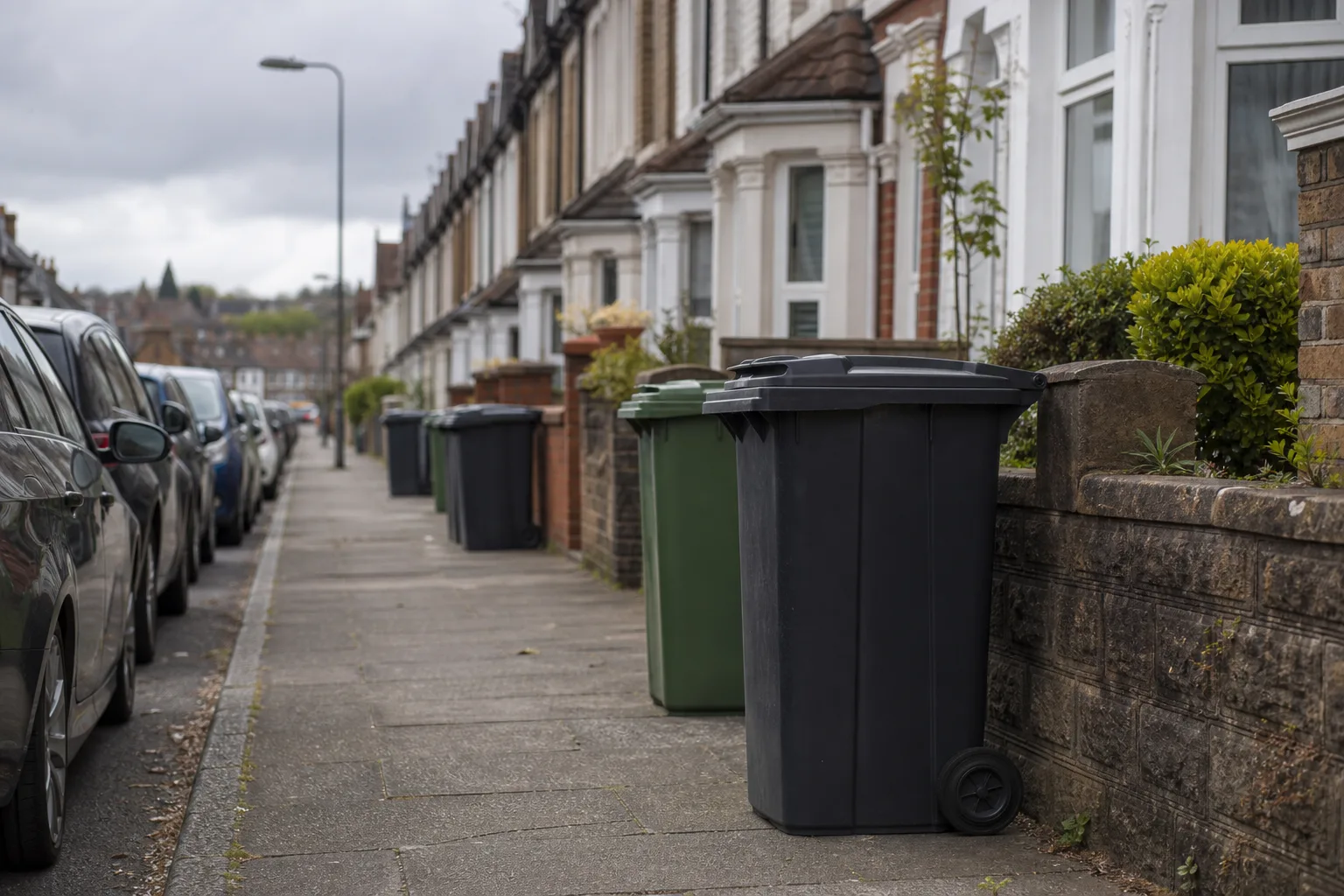 UK household wheelie bins awaiting fortnightly council collection