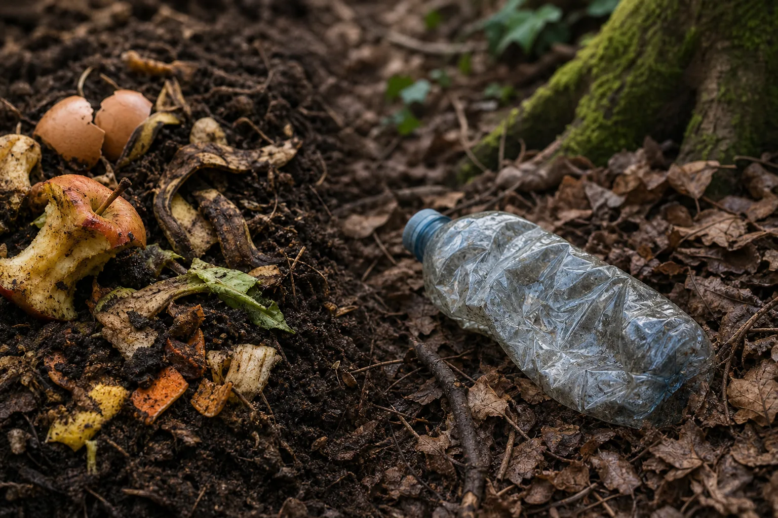 Natural decomposition of organic waste compared with persistent plastic waste