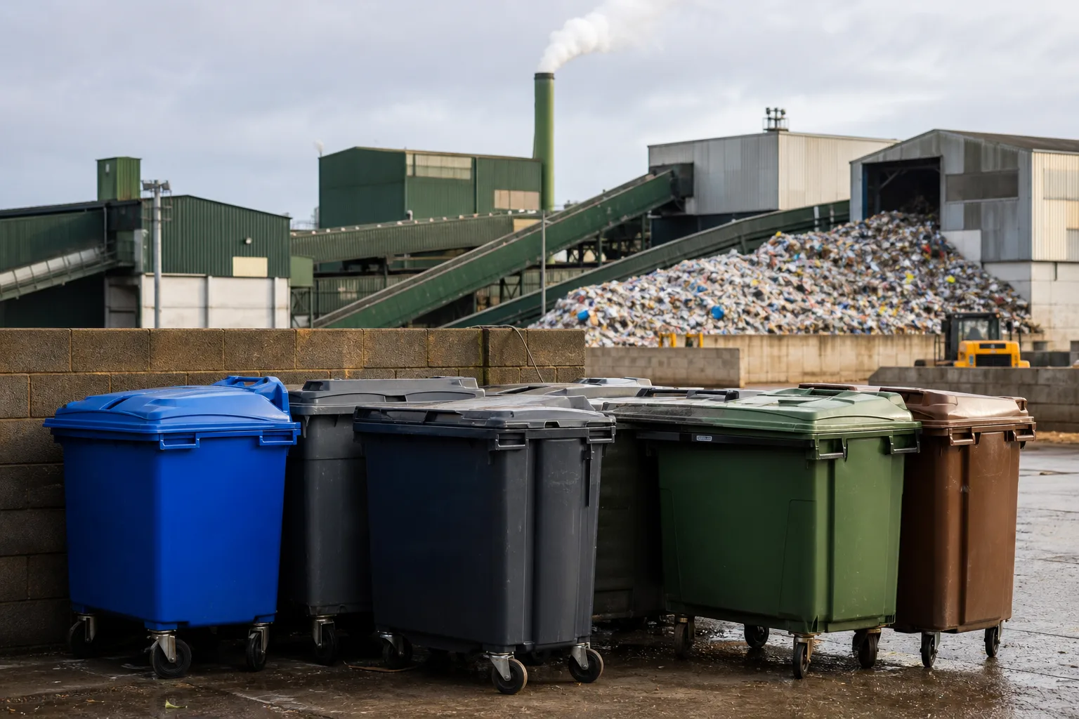 Waste management cost concept with UK wheelie bins and industrial facility