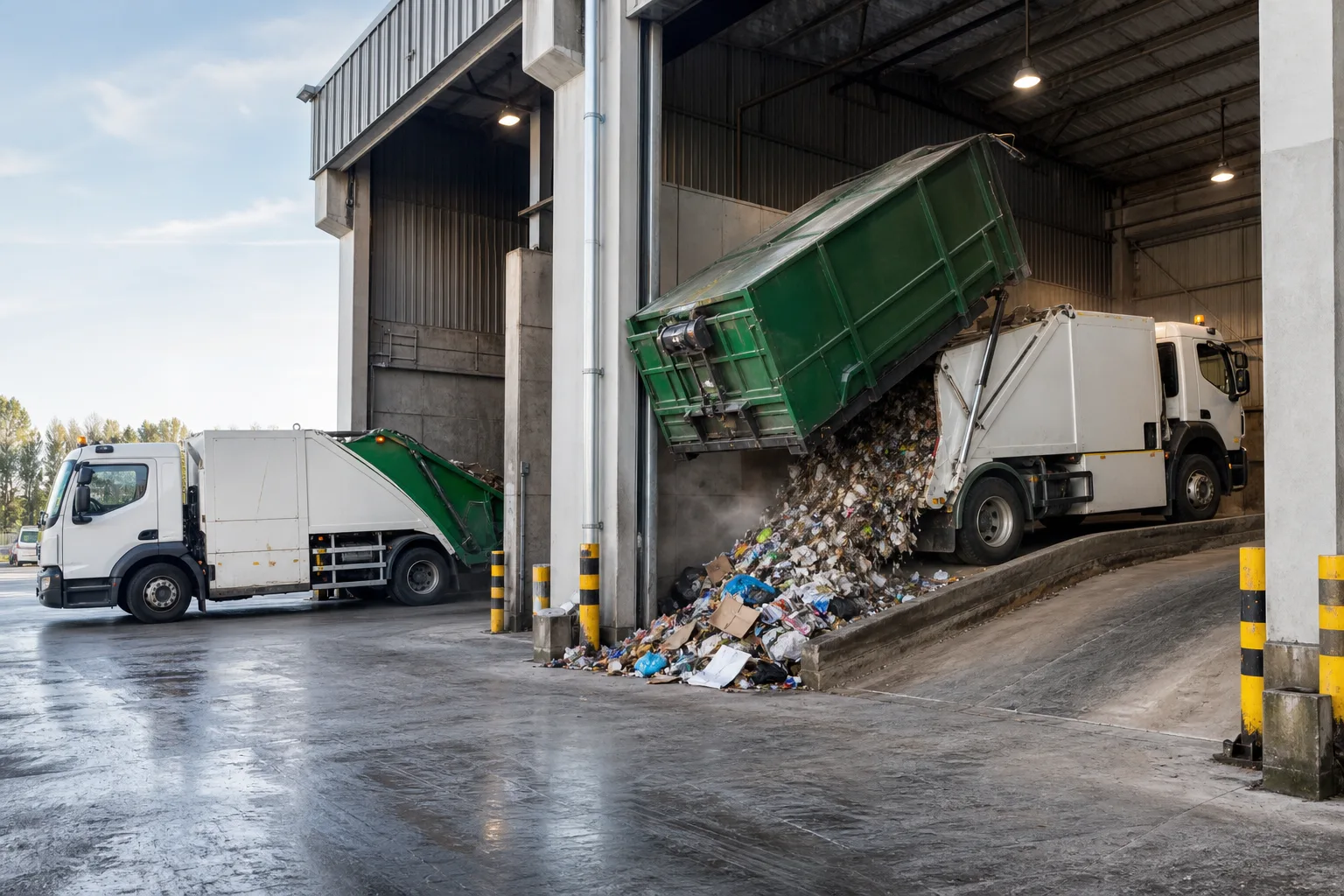 Council refuse trucks at a UK waste transfer station loading bay