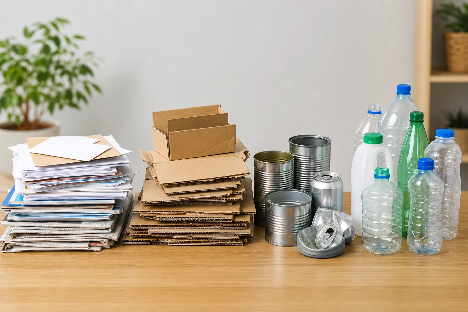 Correctly sorted UK recyclable items including paper, cans and plastic bottles