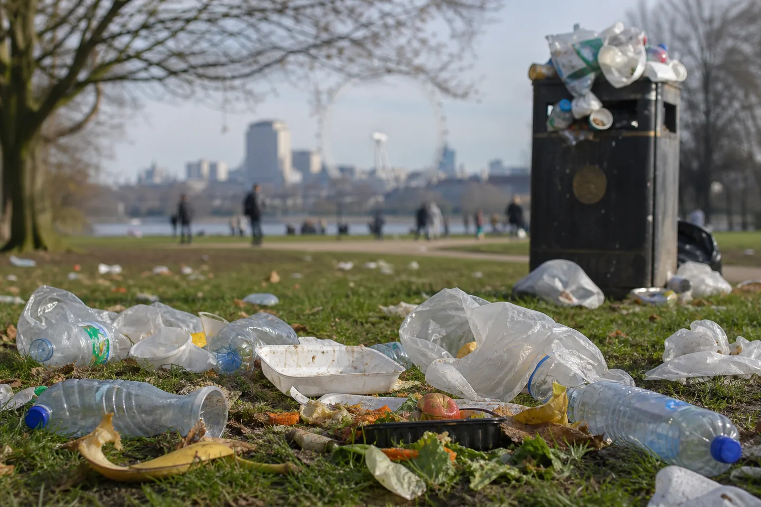 Single-use plastic waste and food scraps highlighting high environmental impact materials